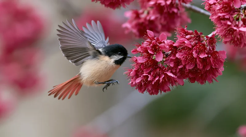 Chickadee flying to feed on pink blossoms in spring garden