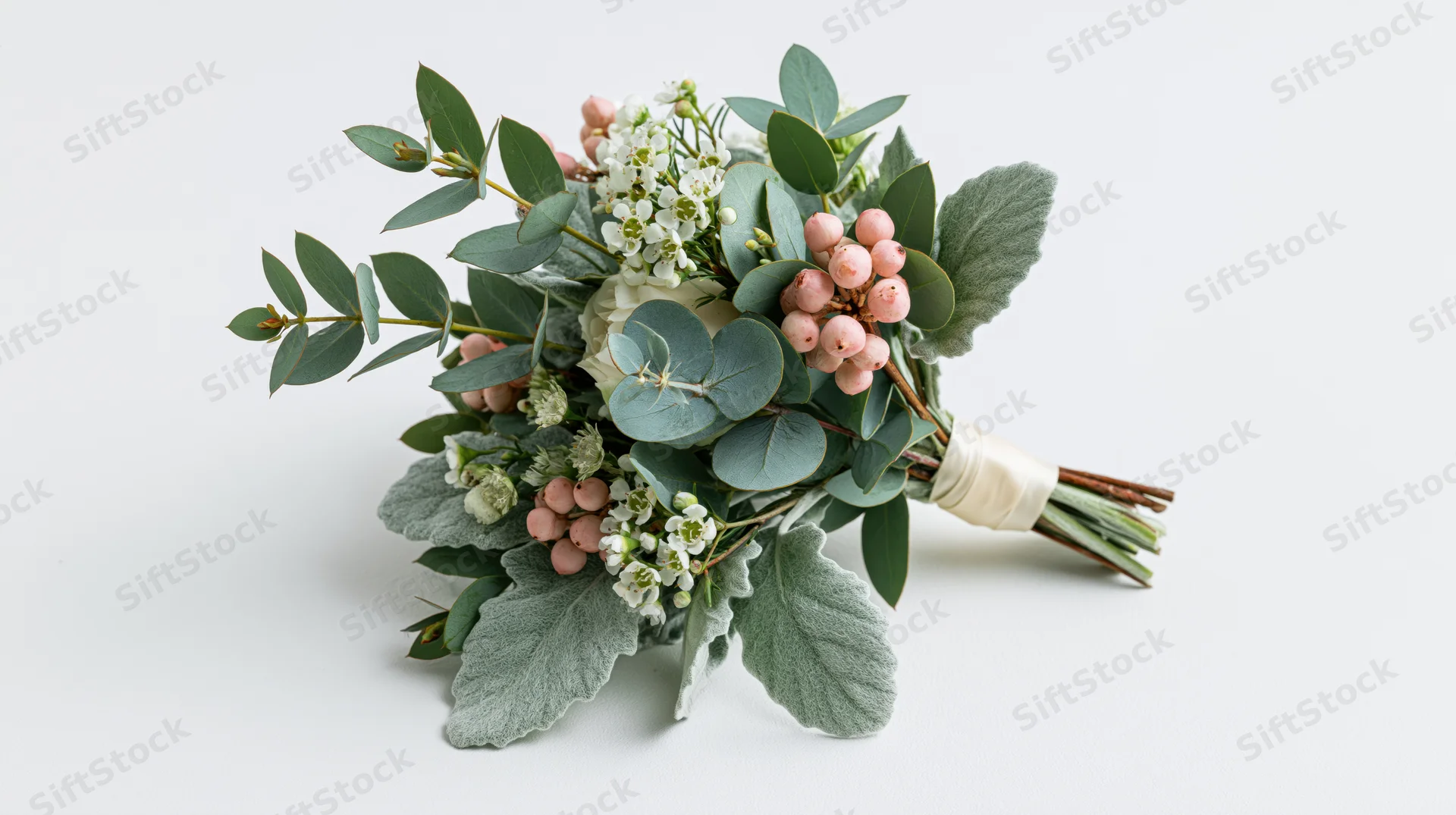 Bridal bouquet with dusty miller and eucalyptus arranged on white background