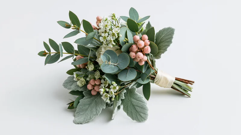 Bridal bouquet with dusty miller and eucalyptus arranged on white background