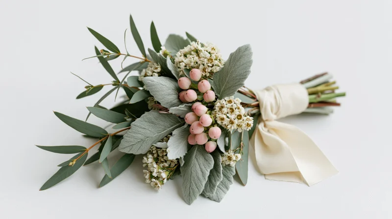 Small bridal bouquet with dusty miller leaves and eucalyptus sprigs tied with cream ribbon on white background