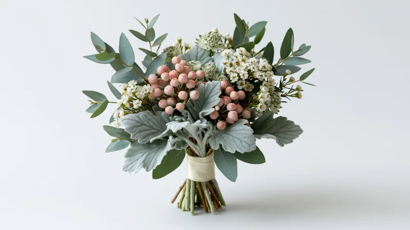 Small bridal bouquet with dusty miller leaves and eucalyptus sprigs on white background