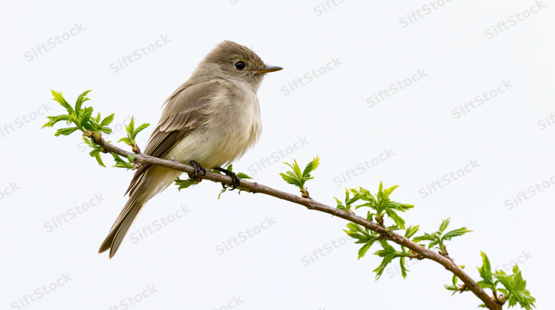 Small brown-grey flycatcher perched still on a slender leafy branch against white sky