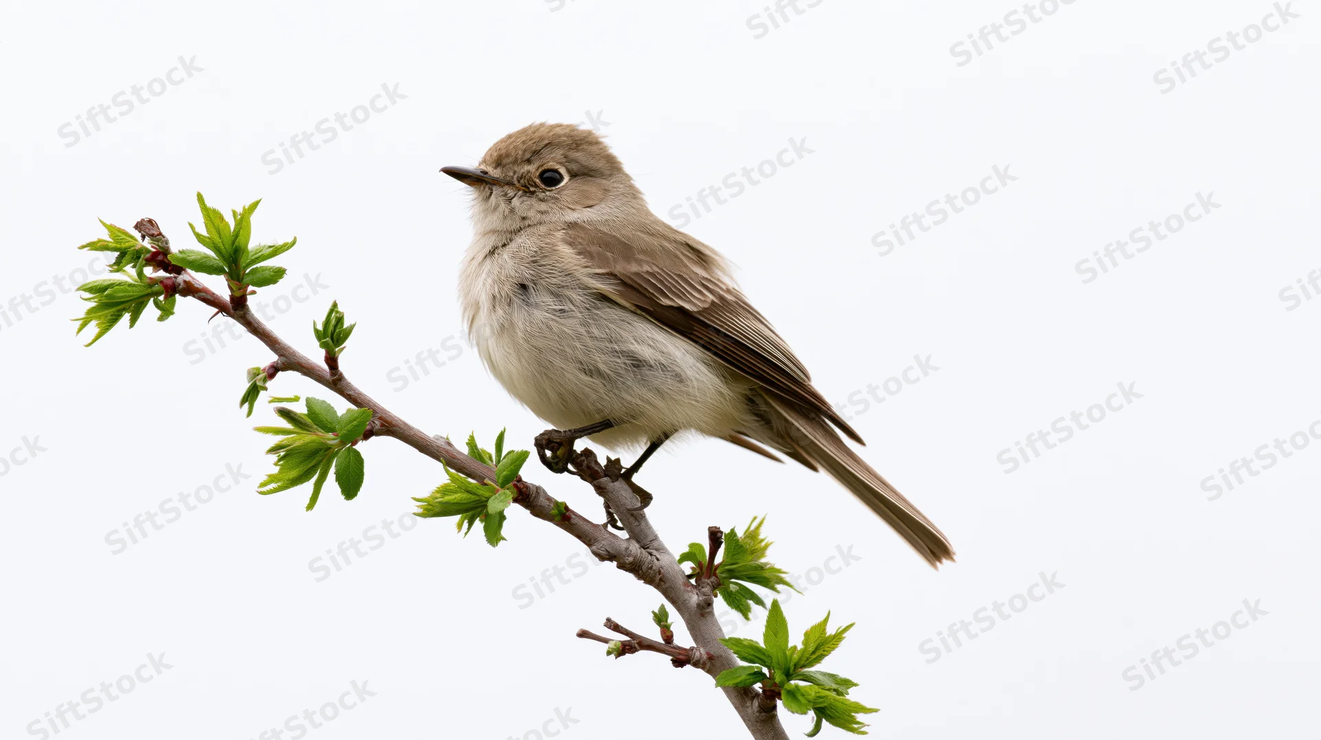Small brown-grey flycatcher perched still on a slender leafy branch against white background