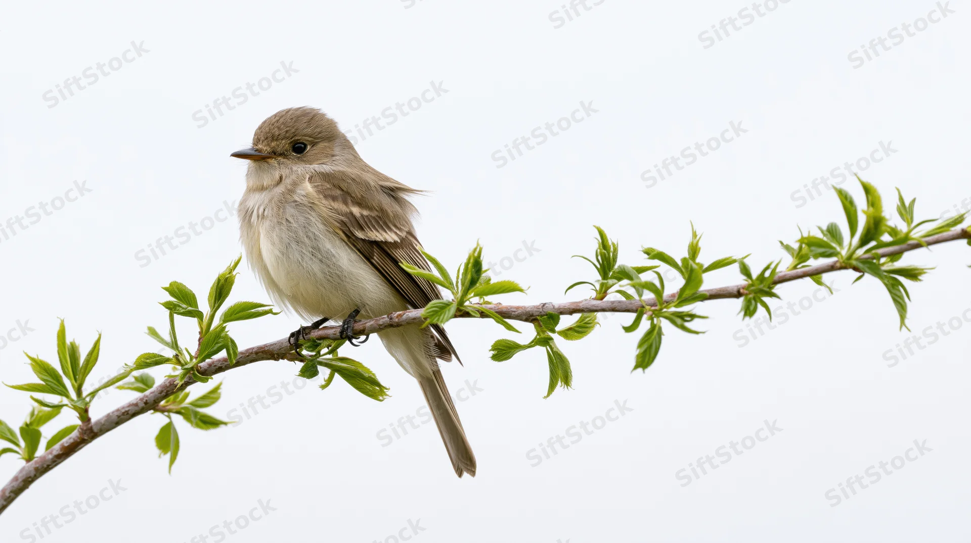 Small brown-grey flycatcher perched still on a slender leafy branch against white background