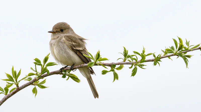 Small brown-grey flycatcher perched still on a slender leafy branch against white background