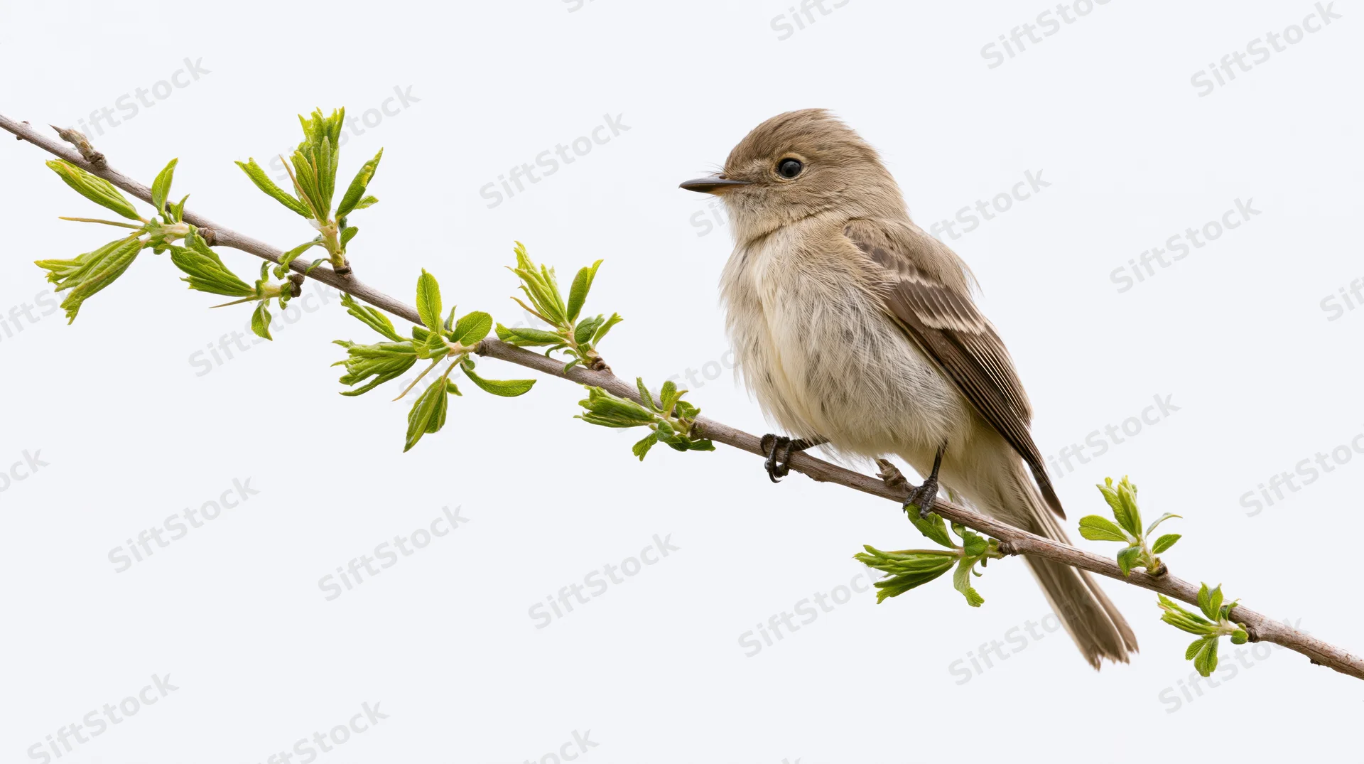 Small brown-grey flycatcher perched still on a slender leafy branch against white background