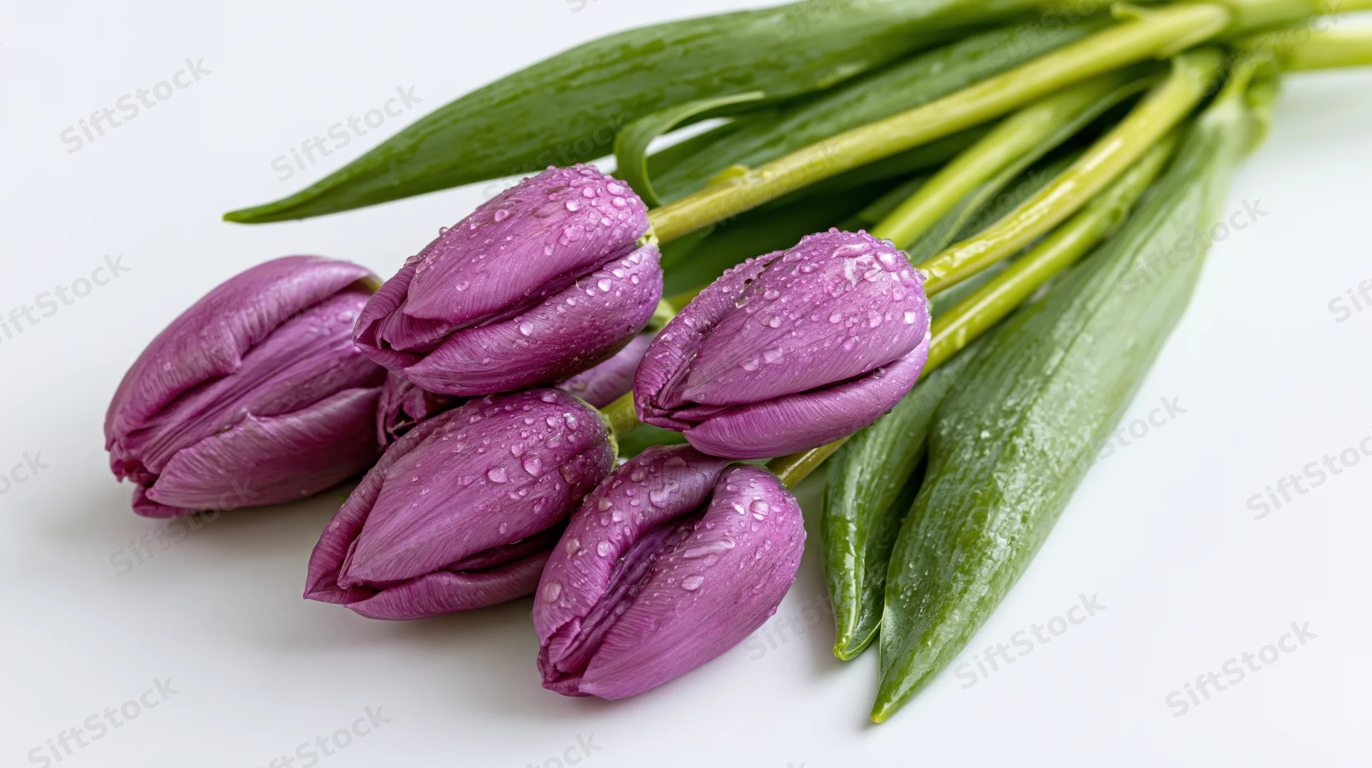 Five purple tulips with water droplets lying on white surface
