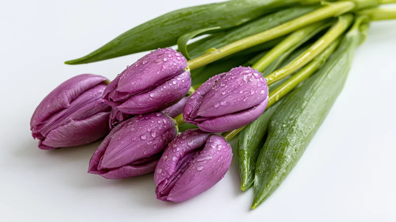 Five purple tulips with water droplets lying on white surface