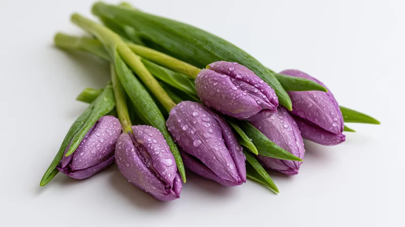 Small bunch of purple tulips with water droplets on white background