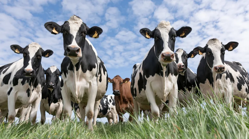 Herd of holstein dairy cows standing in a green pasture under a blue sky