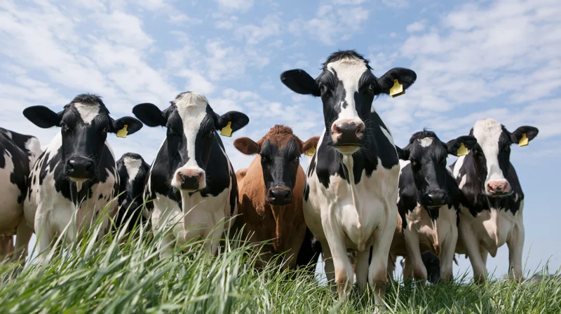 Herd of holstein dairy cows standing in a green pasture under a blue sky
