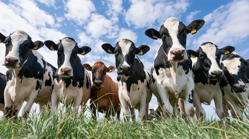 Holstein cows standing in a grassy pasture under a blue sky