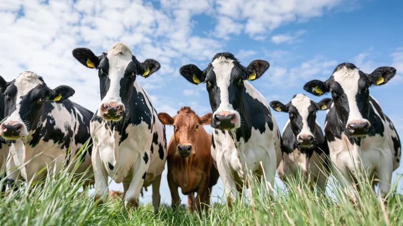 Herd of holstein and brown cows standing in a green pasture under a blue sky