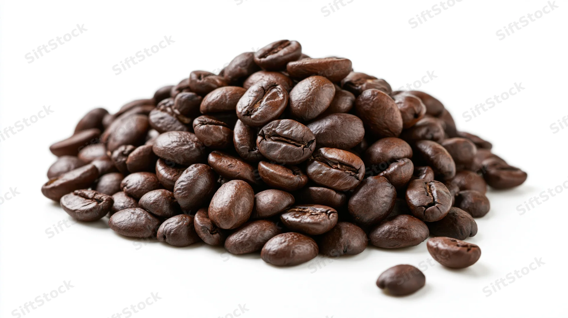 Pile of dark-roasted coffee beans scattered on white surface