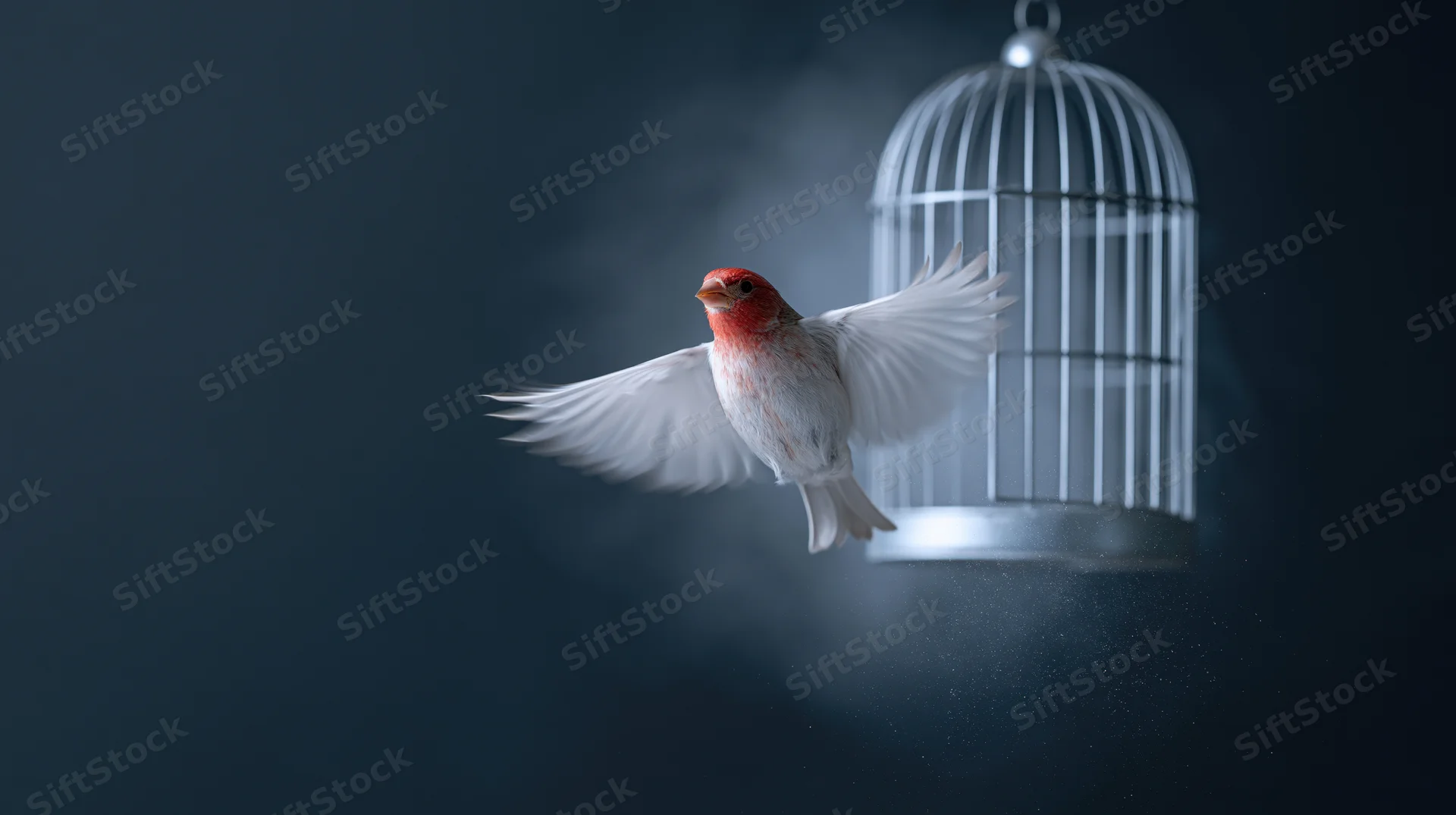 Red-headed bird with white wings flying away from a hanging metal cage in dark misty space