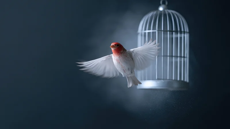 Red-headed bird with white wings flying away from a hanging metal cage in dark misty space