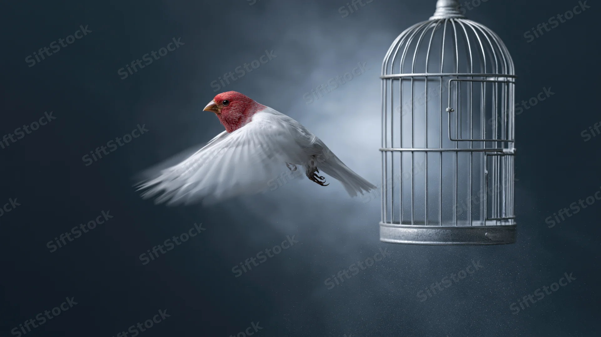 Red-headed bird in mid-flight escaping from a suspended metal cage against a dark smoky background