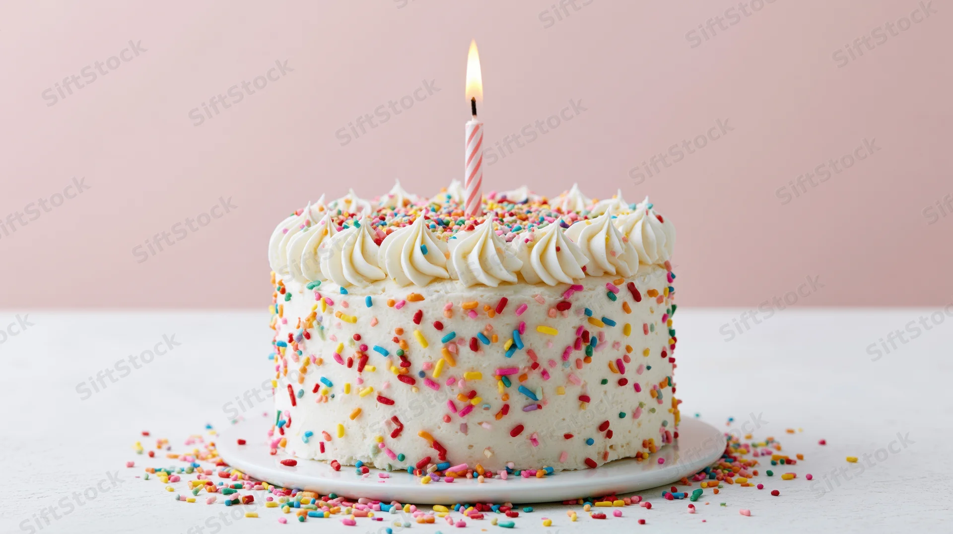 Small round birthday cake with white piped frosting and sprinkles on a plate, one lit candle, pink background