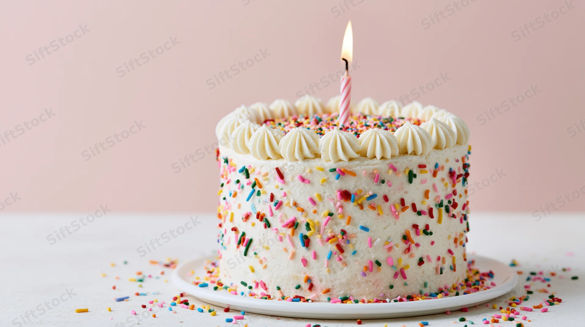 Small round birthday cake with white frosting and sprinkles on a plate, one lit candle, pastel pink background
