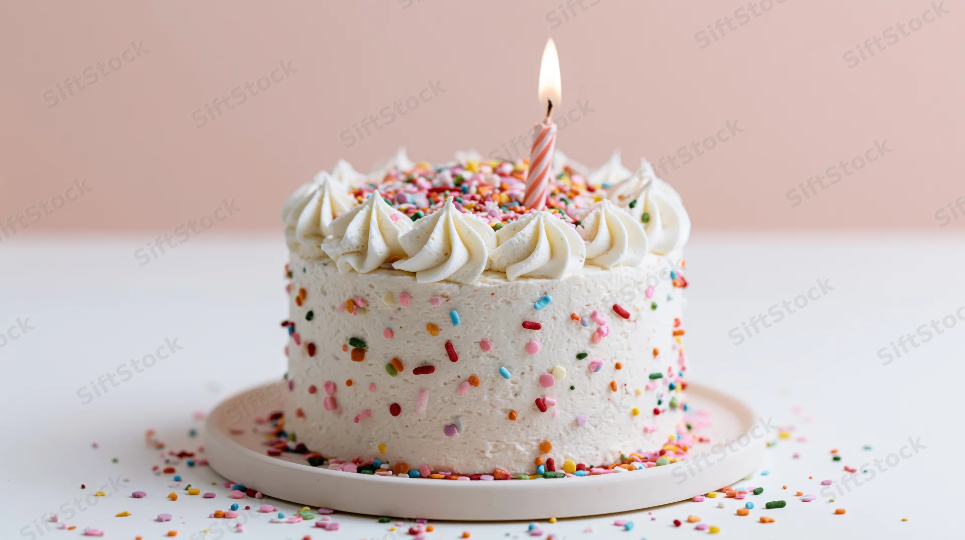 Small round birthday cake with white frosting and sprinkles on a plate, lit candle on top, scattered sprinkles around, pastel background