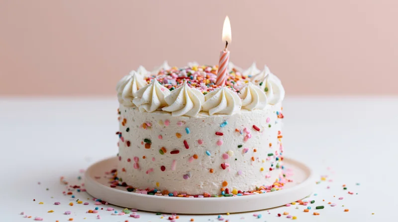 Small round birthday cake with white frosting and sprinkles on a plate, lit candle on top, scattered sprinkles around, pastel background
