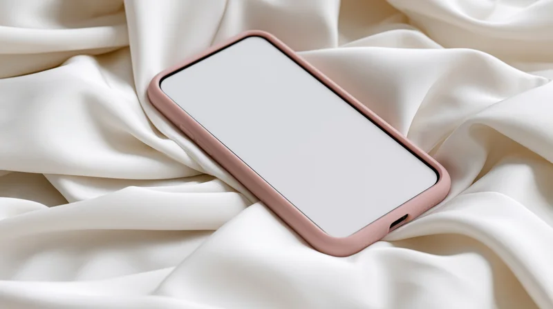 Smartphone with rose gold case resting on white silk fabric