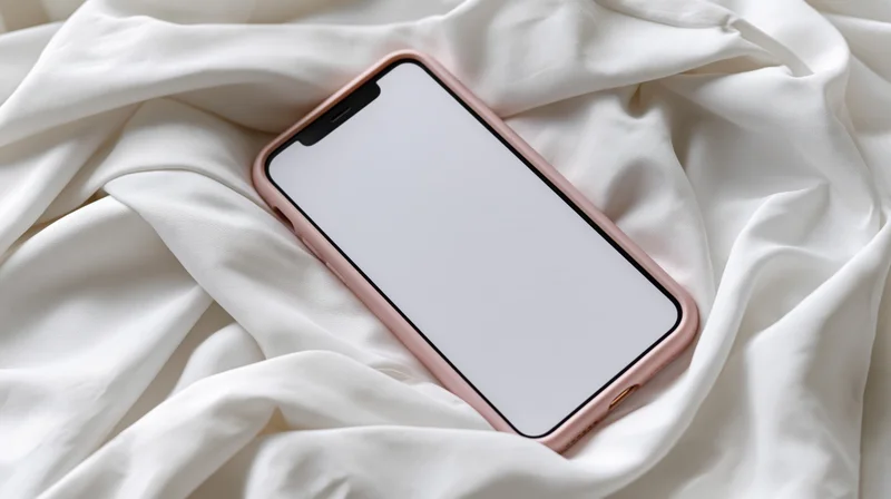 Rose gold smartphone with blank screen lying on white silk fabric