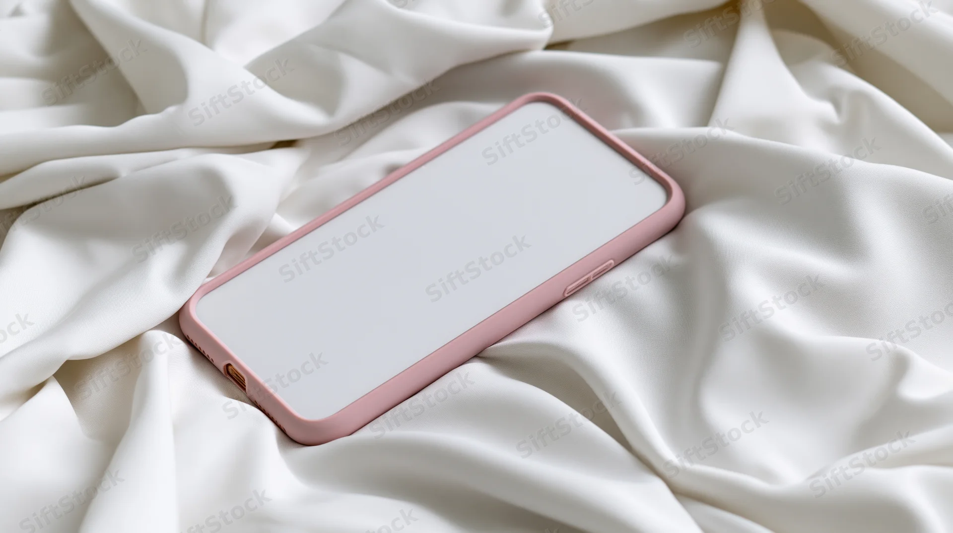Smartphone with pink case lying on white crumpled fabric