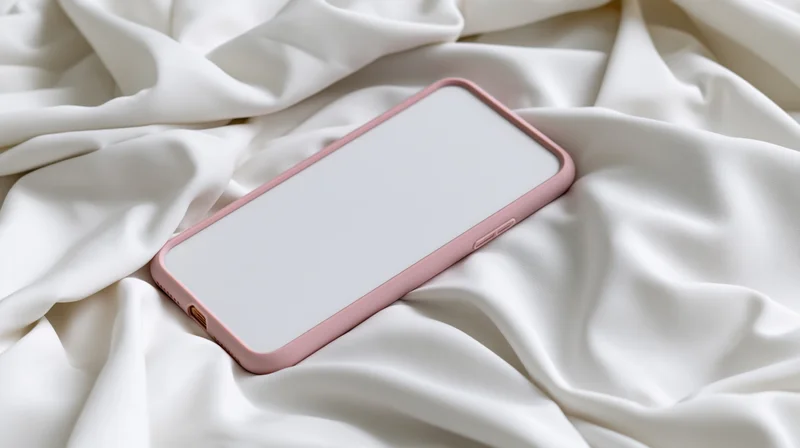 Smartphone with pink case lying on white crumpled fabric