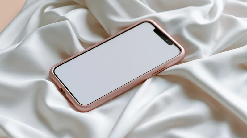Smartphone with rose gold case lying on white silk fabric