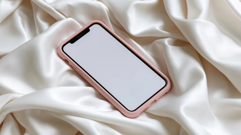 Smartphone with pink case and blank screen lying on white satin fabric