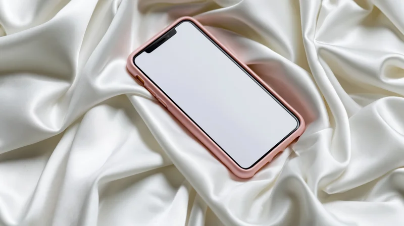 Smartphone with rose gold case resting on white silk fabric