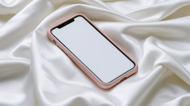 Smartphone with rose gold case resting on white silk fabric