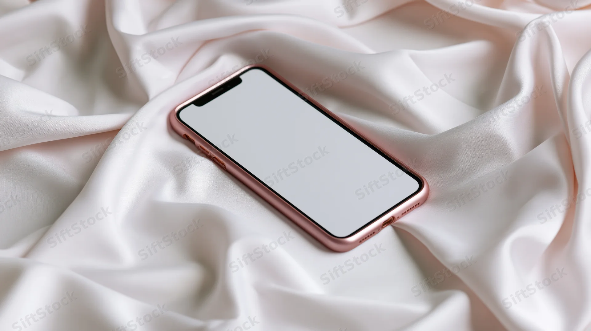 Rose gold smartphone with blank screen lying on crumpled white silk fabric
