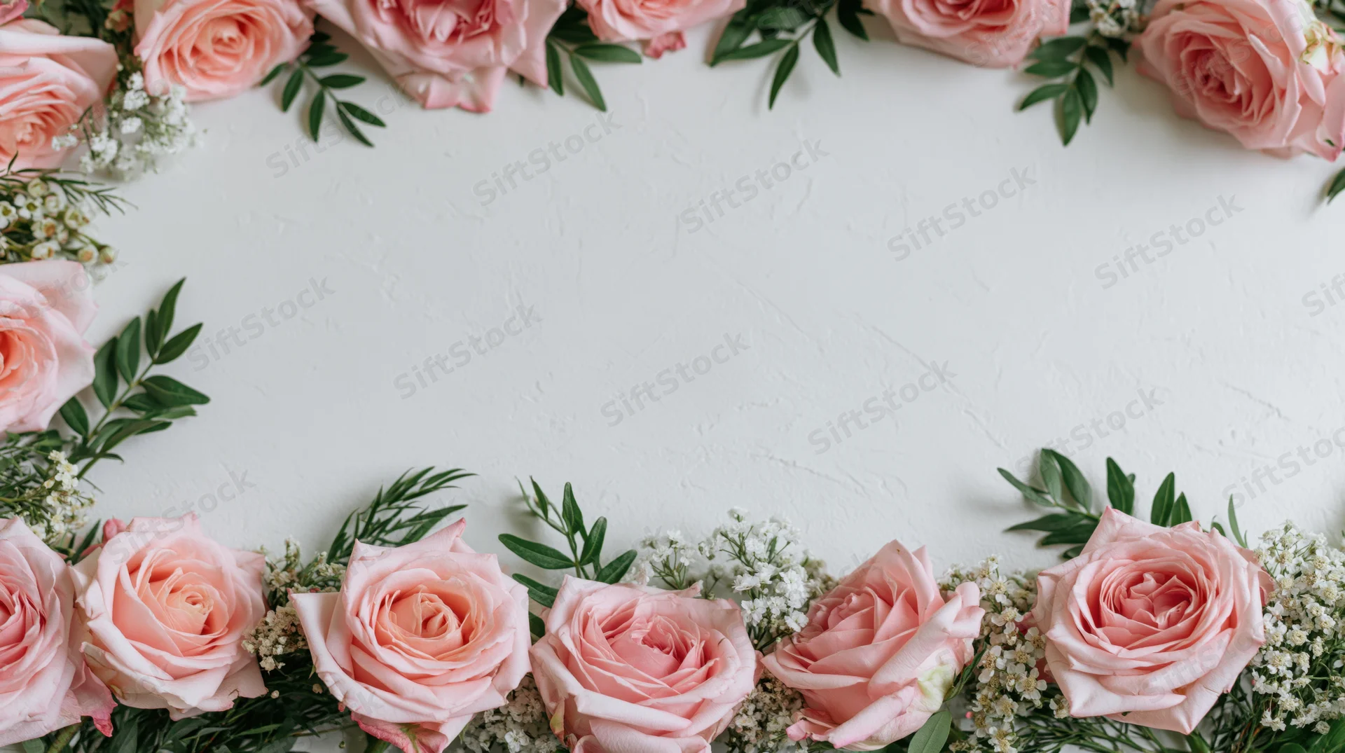 Pink roses and green foliage arranged in a border along the bottom and top of a white surface