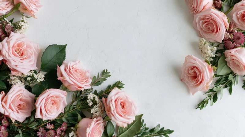 Pink roses and green foliage arranged along the bottom of a white surface with copyspace in the center