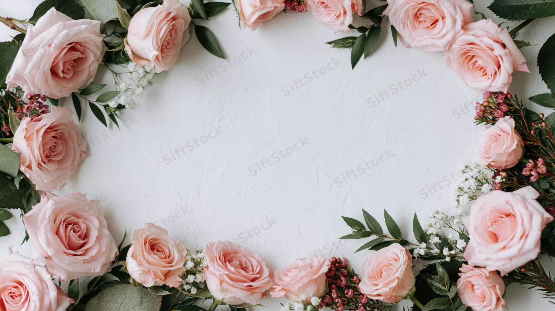 Pink roses and green foliage arranged in a circular frame on white surface with copyspace