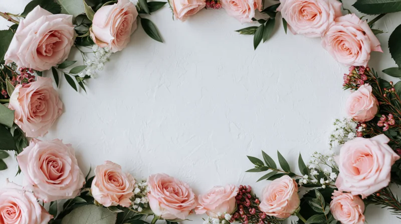 Pink roses and green foliage arranged in a circular frame on white surface with copyspace