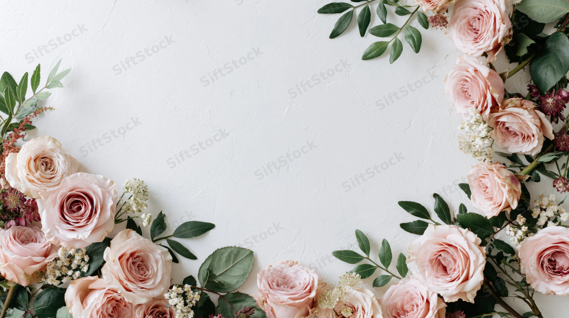 Soft pink roses and green foliage arranged along the bottom and sides of a white textured surface, leaving central copyspace