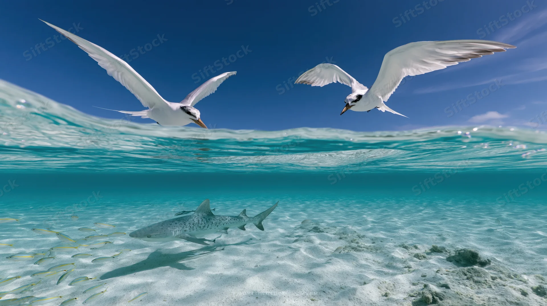 Split view of seabirds flying above and shark swimming below in shallow tropical lagoon