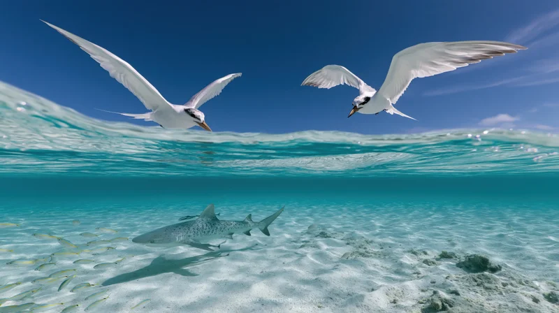 Split view of seabirds flying above and shark swimming below in shallow tropical lagoon