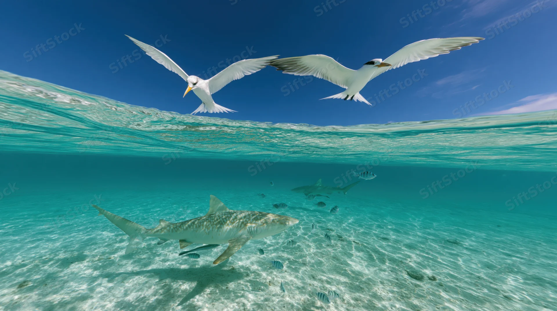 Shark swimming underwater in shallow tropical lagoon with seabirds flying above the waterline