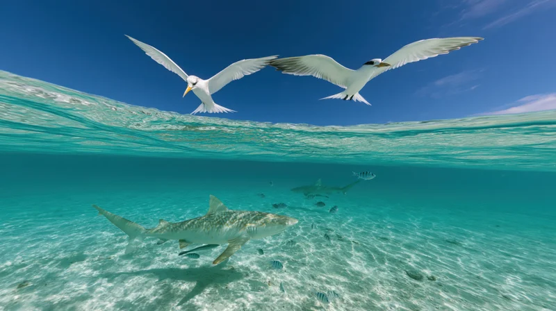 Shark swimming underwater in shallow tropical lagoon with seabirds flying above the waterline