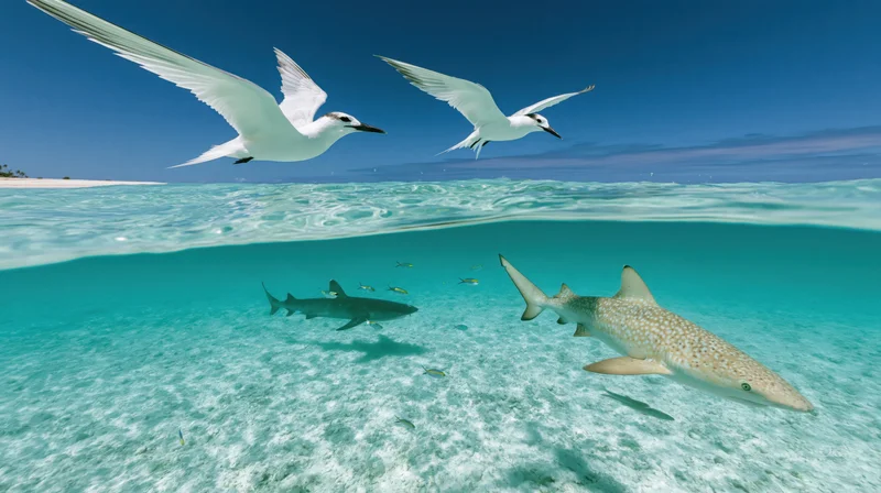 Split view of sharks swimming underwater and seabirds flying above in a shallow tropical lagoon
