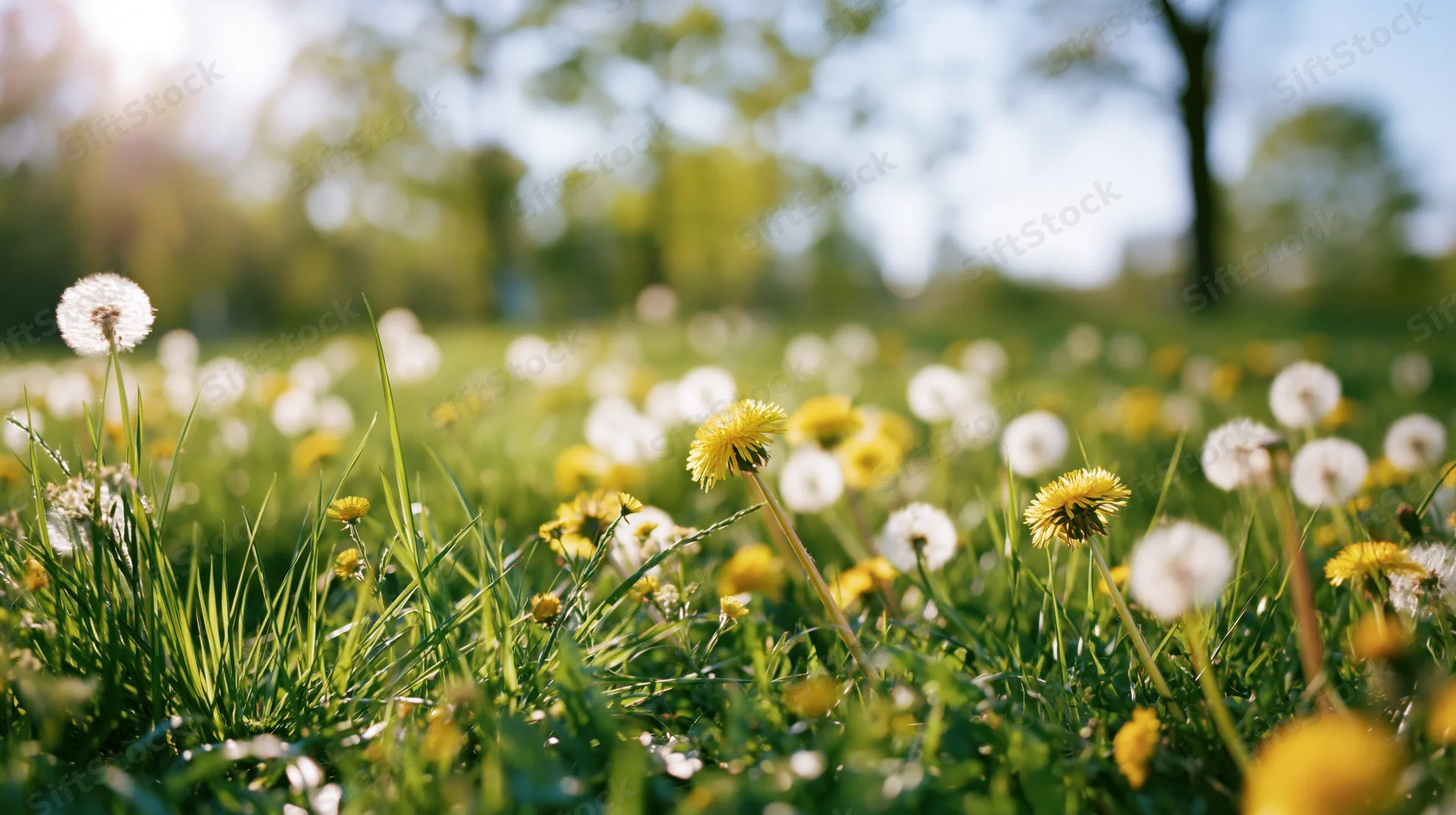 Dandelions blooming and seeding in a sunlit spring meadow with green grass and blurred trees in the background