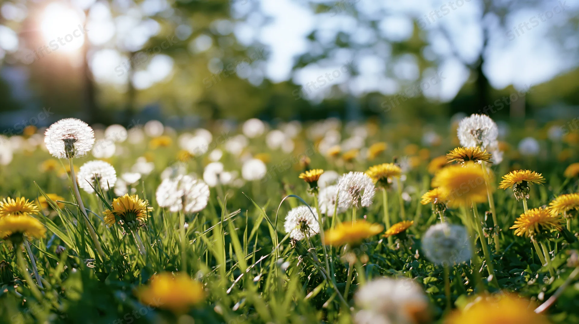 Dandelions blooming in a sunlit spring meadow with green grass and white seed heads