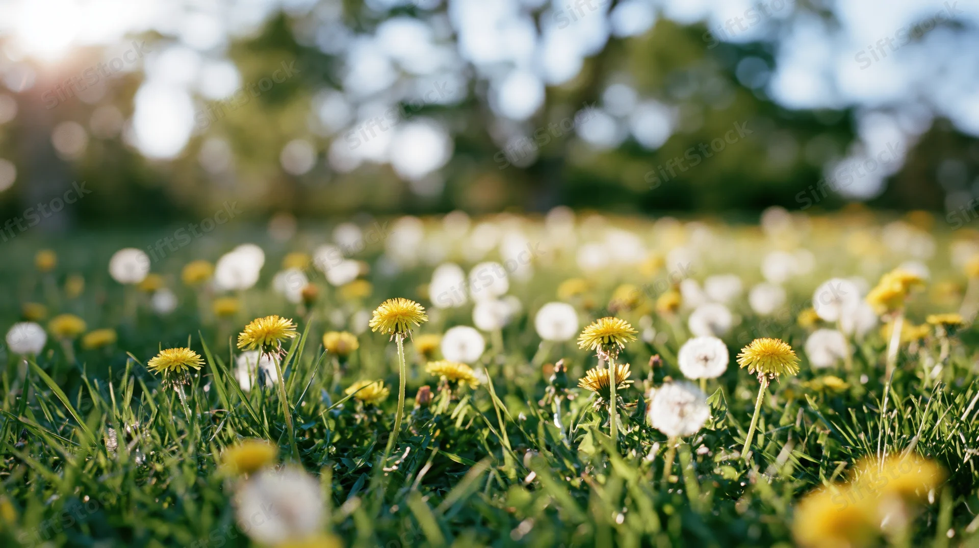 Dandelions blooming and seeding in a sunlit spring meadow