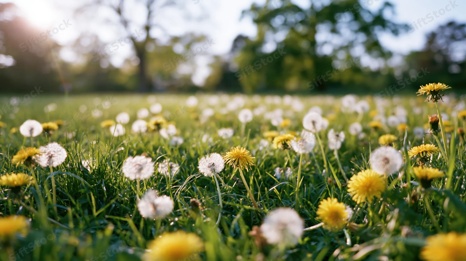 Dandelions blooming and seeding in a sunlit spring meadow