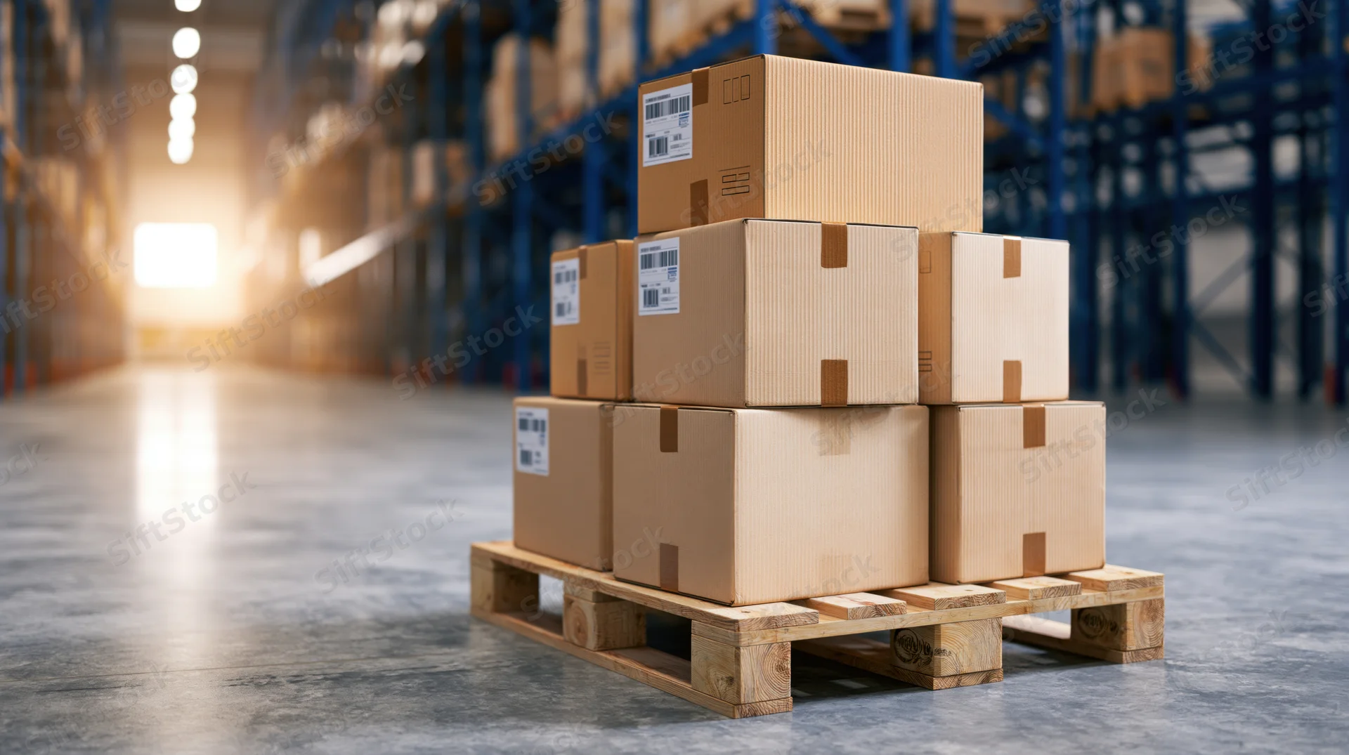 Stack of sealed cardboard boxes on wooden pallet in warehouse aisle
