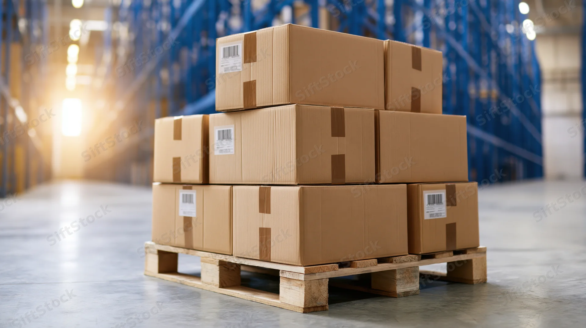Stack of sealed cardboard boxes on wooden pallet in warehouse aisle